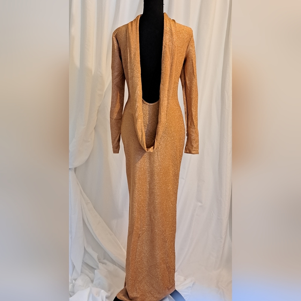 #040.B Bodycon Dress Sz M & Sz S Sequin Sparkle Long Sleep Deep Gathered Back - Picture 3 of 15